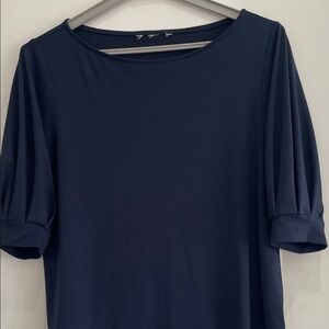 H&M Navy Blue Pleated Elbow Sleeve Work Blouse Stretchy Top L